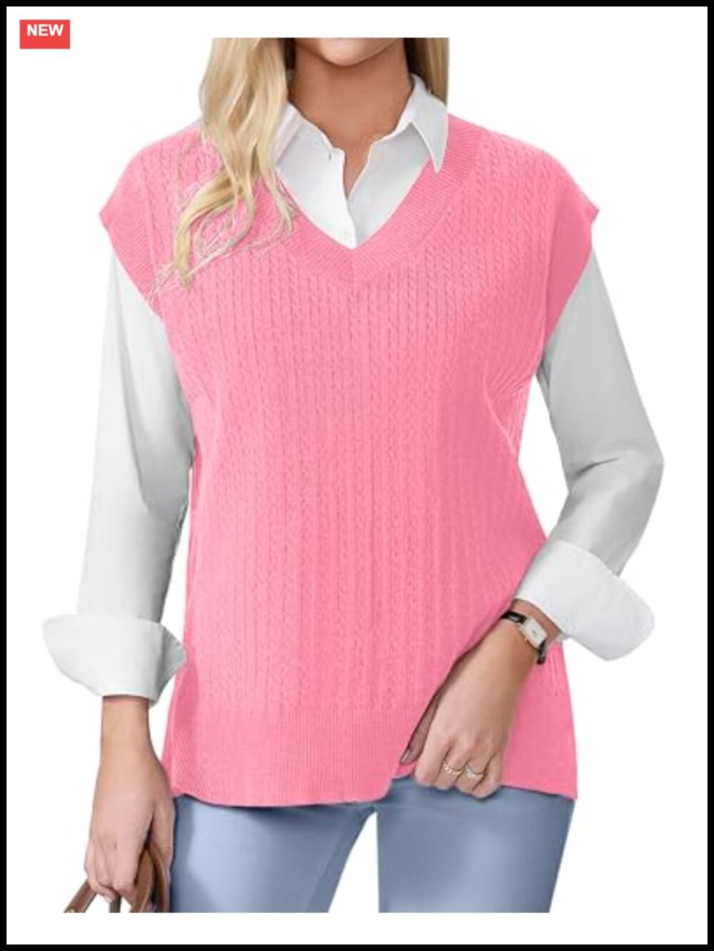 Women's V Neck Sleeveless Cable Knit Sweater Vest Loose Fit